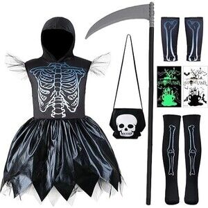 Girls Black Grim Reaper Dress Scythe Suit Skull Costume Size 4-6 NEW